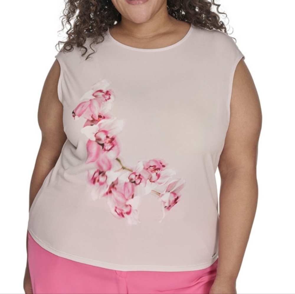 Womens Calvin Klein Floral Pink Sleeveless Top Soft Taupe 3X New With Tags